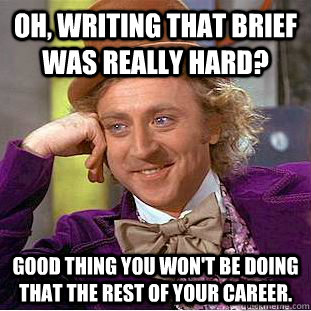 Oh, writing that brief was really hard? Good thing you won't be doing that the rest of your career.  Condescending Wonka