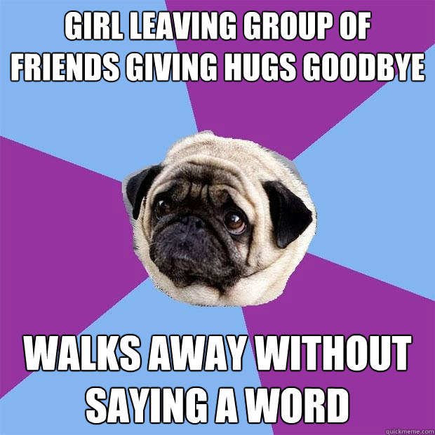 girl leaving group of friends giving hugs goodbye walks away without saying a word - girl leaving group of friends giving hugs goodbye walks away without saying a word  Lonely Pug