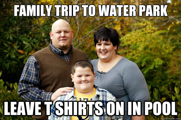 family trip to water park leave t shirts on in pool  Happy American Family