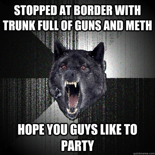 stopped at border with trunk full of guns and meth hope you guys like to party  Insanity Wolf