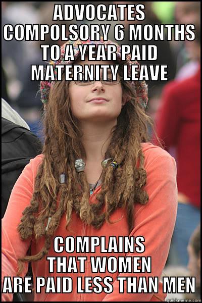 ADVOCATES COMPOLSORY 6 MONTHS TO A YEAR PAID MATERNITY LEAVE COMPLAINS THAT WOMEN ARE PAID LESS THAN MEN College Liberal