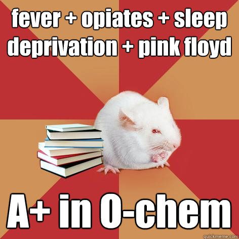 fever + opiates + sleep deprivation + pink floyd A+ in O-chem  Science Major Mouse