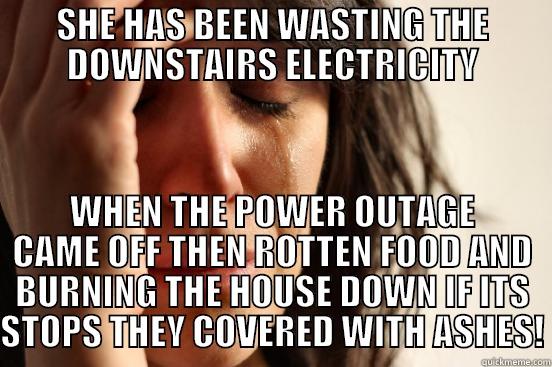 SHE HAS BEEN WASTING THE DOWNSTAIRS ELECTRICITY WHEN THE POWER OUTAGE CAME OFF THEN ROTTEN FOOD AND BURNING THE HOUSE DOWN IF ITS STOPS THEY COVERED WITH ASHES! First World Problems