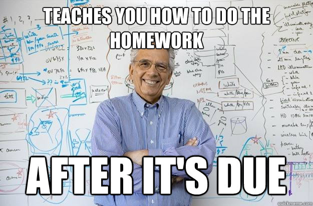 Teaches you how to do the homework After it's due  Engineering Professor