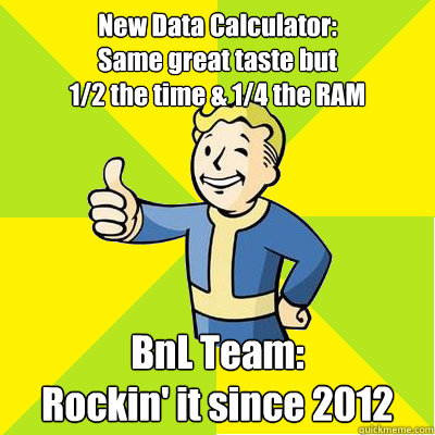 New Data Calculator:
Same great taste but
1/2 the time & 1/4 the RAM BnL Team:
Rockin' it since 2012  Fallout new vegas