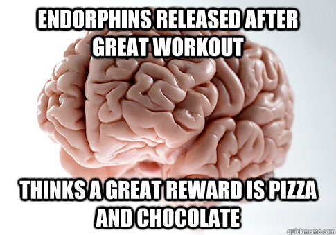 Endorphins released after great workout Thinks a great reward is pizza and chocolate  Scumbag Brain