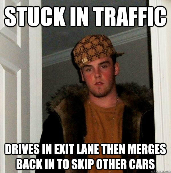 Stuck in traffic drives in exit lane then merges back in to skip other cars  