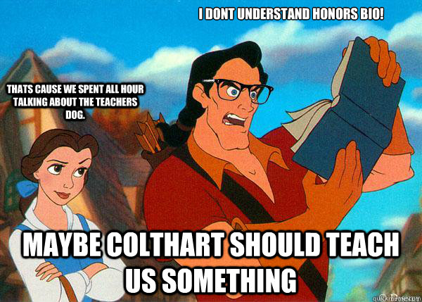 I dont understand Honors Bio! Maybe Colthart should teach us something Thats cause we spent all hour talking about the teachers dog.  Hipster Gaston 2