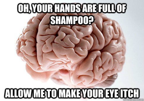 OH, YOUR HANDS ARE FULL OF SHAMPOO? ALLOW ME TO MAKE YOUR EYE ITCH  Scumbag Brain