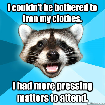 I couldn't be bothered to iron my clothes. I had more pressing matters to attend. - I couldn't be bothered to iron my clothes. I had more pressing matters to attend.  Lame Pun Coon