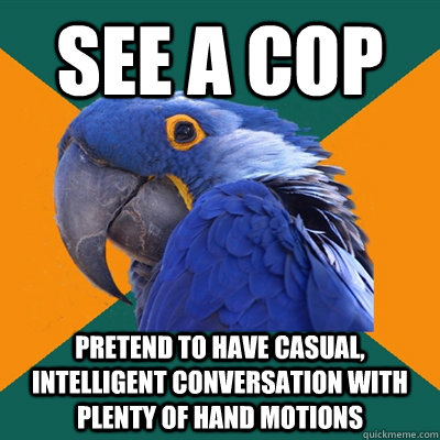 See a cop pretend to have casual, intelligent conversation with plenty of hand motions - See a cop pretend to have casual, intelligent conversation with plenty of hand motions  Paranoid Parrot