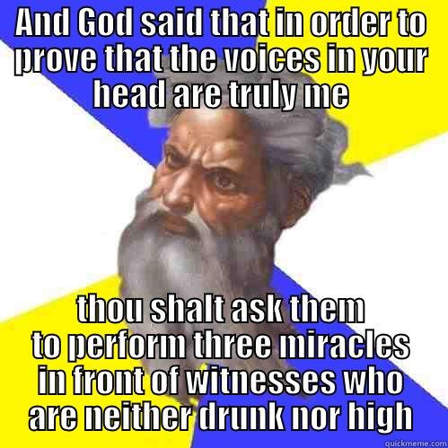 AND GOD SAID THAT IN ORDER TO PROVE THAT THE VOICES IN YOUR HEAD ARE TRULY ME THOU SHALT ASK THEM TO PERFORM THREE MIRACLES IN FRONT OF WITNESSES WHO ARE NEITHER DRUNK NOR HIGH Advice God