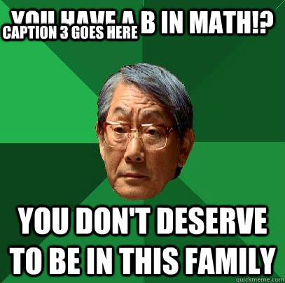 You have a B in math!? You don't deserve to be in this family Caption 3 goes here  High Expectations Asian Father