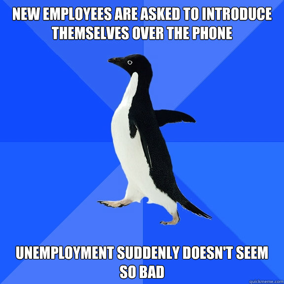 New employees are asked to introduce themselves over the phone Unemployment suddenly doesn't seem so bad  Socially Awkward Penguin