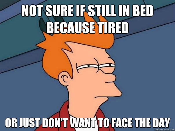 not sure if still in bed because tired or just don't want to face the day  Futurama Fry