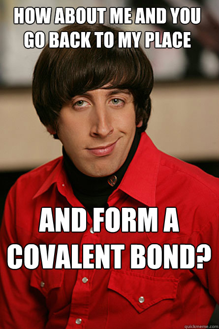 How about me and you go back to my place and form a covalent bond?  Pickup Line Scientist