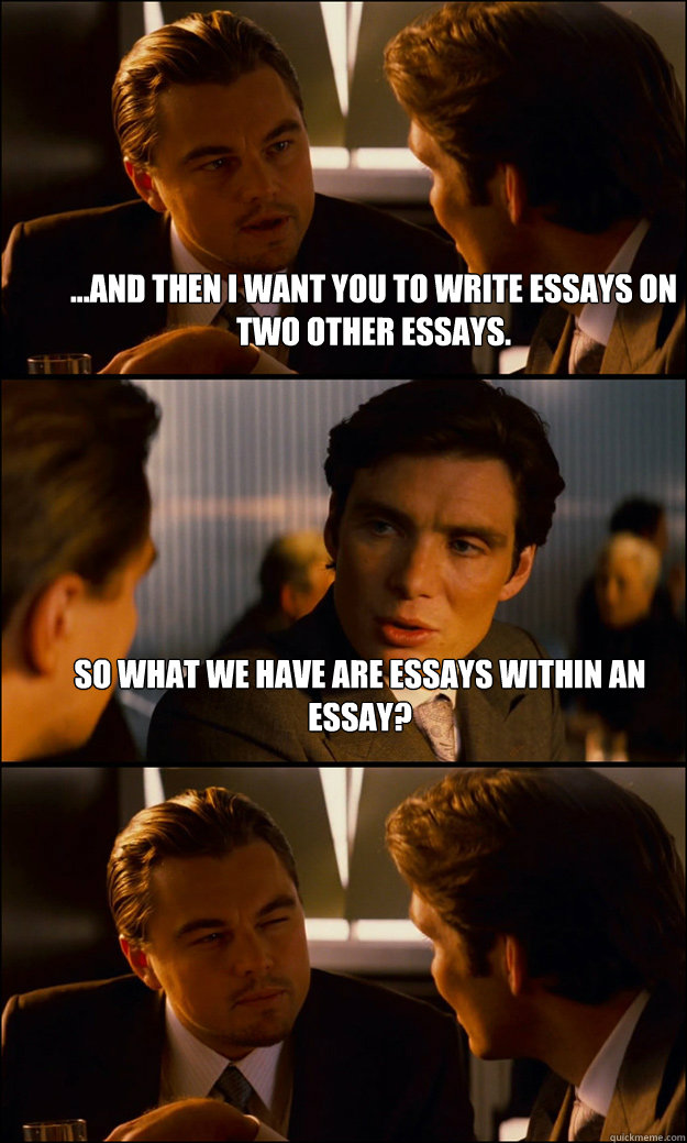 ...and then I want you to write essays on TWO other essays. So what we have are essays within an essay?    Inception