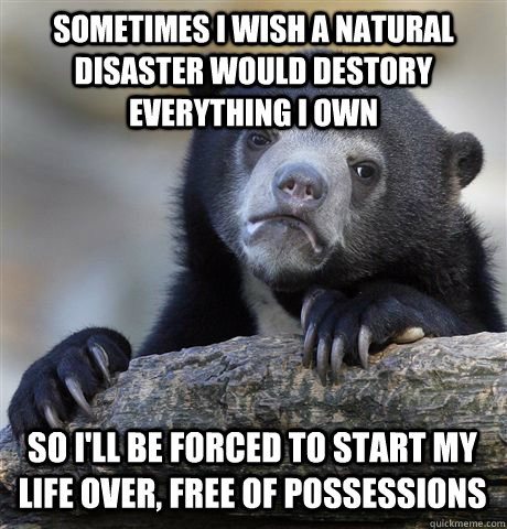 SOMETIMES I WISH A NATURAL DISASTER WOULD DESTORY EVERYTHING I OWN SO I'LL BE FORCED TO START MY LIFE OVER, FREE OF POSSESSIONS - SOMETIMES I WISH A NATURAL DISASTER WOULD DESTORY EVERYTHING I OWN SO I'LL BE FORCED TO START MY LIFE OVER, FREE OF POSSESSIONS  Confession Bear