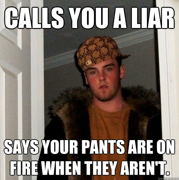 Calls you a liar says your pants are on fire when they aren't.  Scumbag Steve