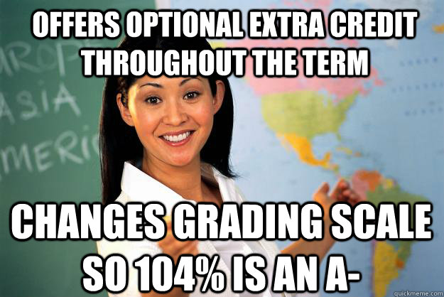 Offers optional extra credit throughout the term Changes grading scale so 104% is an A-  Unhelpful High School Teacher