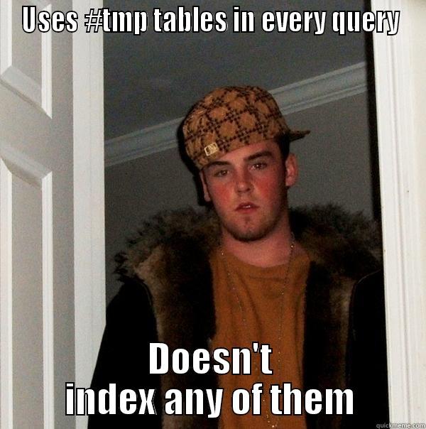 USES #TMP TABLES IN EVERY QUERY DOESN'T INDEX ANY OF THEM Scumbag Steve