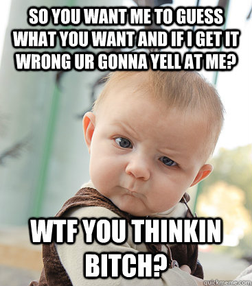 So you want me to guess what you want and if i get it wrong ur gonna yell at me? wtf you thinkin bitch?  skeptical baby