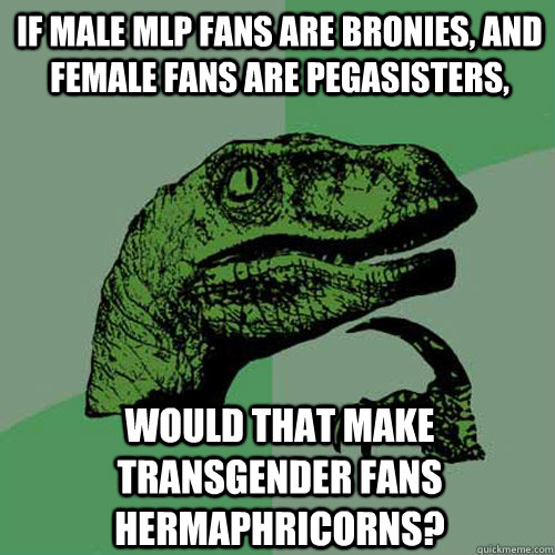 If male MLP fans are bronies, and female fans are pegasisters, Would that make Transgender fans Hermaphricorns?  Philosoraptor