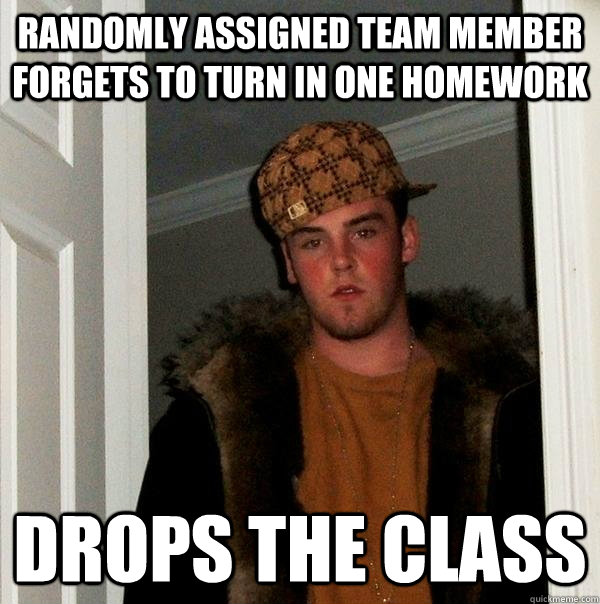 randomly assigned team member forgets to turn in one homework drops the class  Scumbag Steve