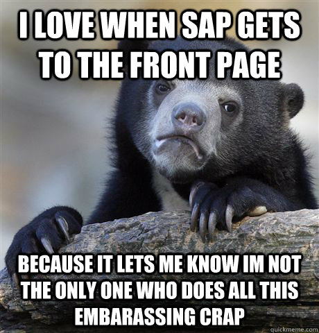 I love when SAP gets to the front page because it lets me know im not the only one who does all this embarassing crap  Confession Bear