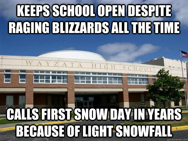 keeps school open despite raging blizzards all the time calls first snow day in years because of light snowfall - keeps school open despite raging blizzards all the time calls first snow day in years because of light snowfall  Wayzata High School