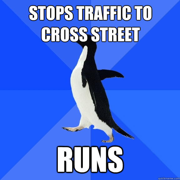 stops traffic to cross street runs  Socially Awkward Penguin