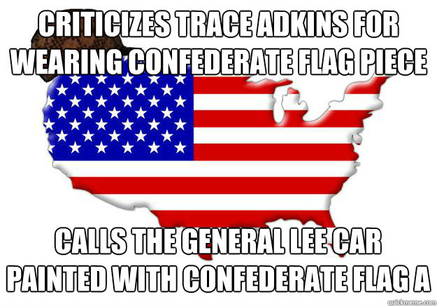 criticizes trace adkins for wearing confederate flag piece calls the general lee car painted with confederate flag a marvel of popular culture  Scumbag america