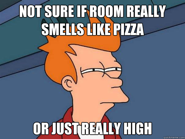 Not sure if room really smells like pizza Or just really high  Futurama Fry