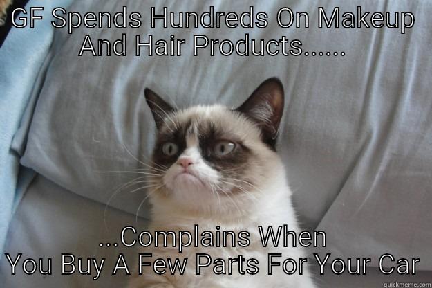 GF SPENDS HUNDREDS ON MAKEUP AND HAIR PRODUCTS...... ...COMPLAINS WHEN YOU BUY A FEW PARTS FOR YOUR CAR Grumpy Cat