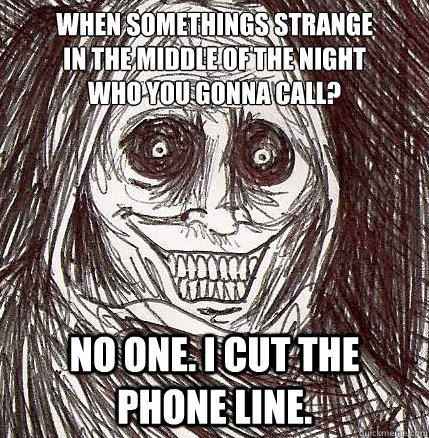When somethings strange
in the middle of the night
who you gonna call? no one. I cut the phone line.  Horrifying Houseguest
