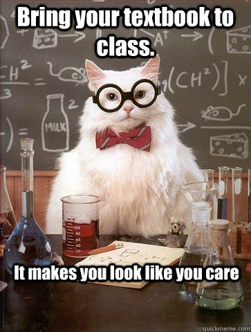 Bring your textbook to class. It makes you look like you care  Chemistry Cat