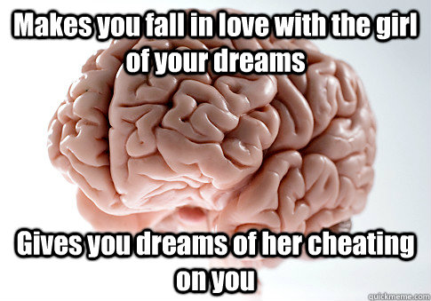 Makes you fall in love with the girl of your dreams Gives you dreams of her cheating on you  Scumbag Brain