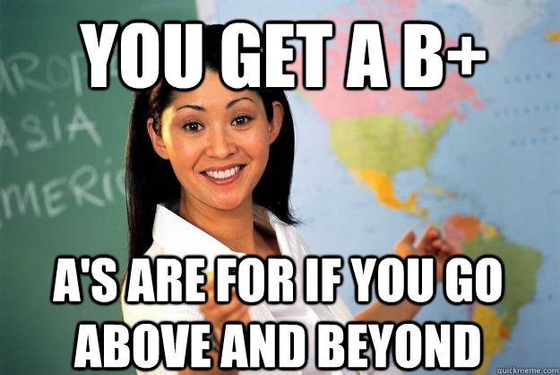 You get a b+ a's are for if you go above and beyond  Unhelpful High School Teacher