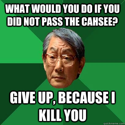 What would you do if you did NOT pass the CAHSEE? GIVE UP, BECAUSE I KILL YOU  High Expectations Asian Father