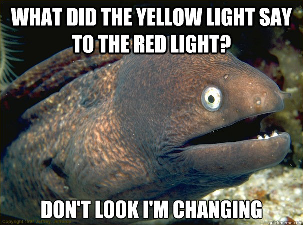 What did the yellow light say to the red light? don't look I'm changing  Bad Joke Eel