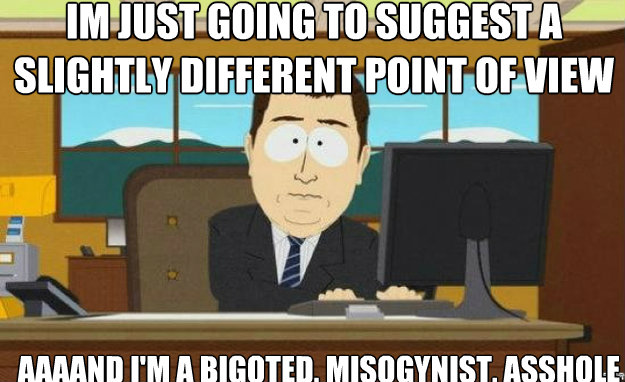 Im just going to suggest a slightly different point of view AAAAND I'm a bigoted, misogynist, asshole  aaaand its gone