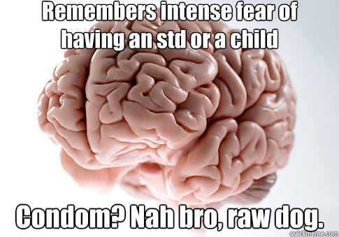 Remembers intense fear of having an std or a child Condom? Nah bro, raw dog.    Scumbag Brain