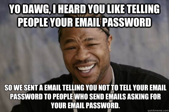 Yo Dawg, I heard you like telling people your email password So we sent a email telling you not to tell your email password to people who send emails asking for your email password.  YO DAWG