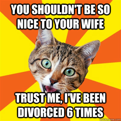 You shouldn't be so nice to your wife Trust me, I've been divorced 6 times  Bad Advice Cat