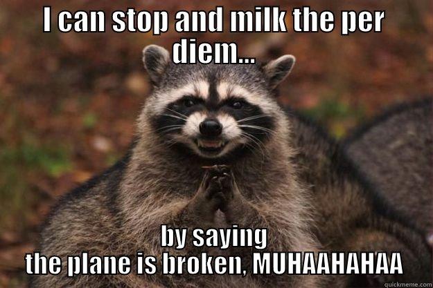 DAMN KOON - I CAN STOP AND MILK THE PER DIEM... BY SAYING THE PLANE IS BROKEN, MUHAAHAHAA Evil Plotting Raccoon