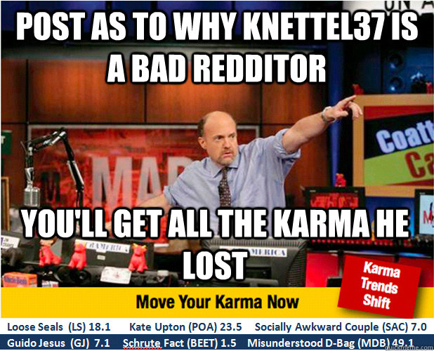 post as to why knettel37 is a bad redditor you'll get all the karma he lost  Jim Kramer with updated ticker