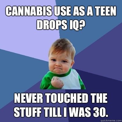 Cannabis use as a teen drops IQ? Never touched the stuff till I was 30.   Success Kid