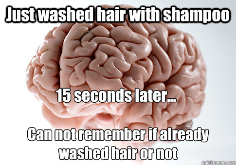 Just washed hair with shampoo Can not remember if already washed hair or not 15 seconds later...  Scumbag Brain