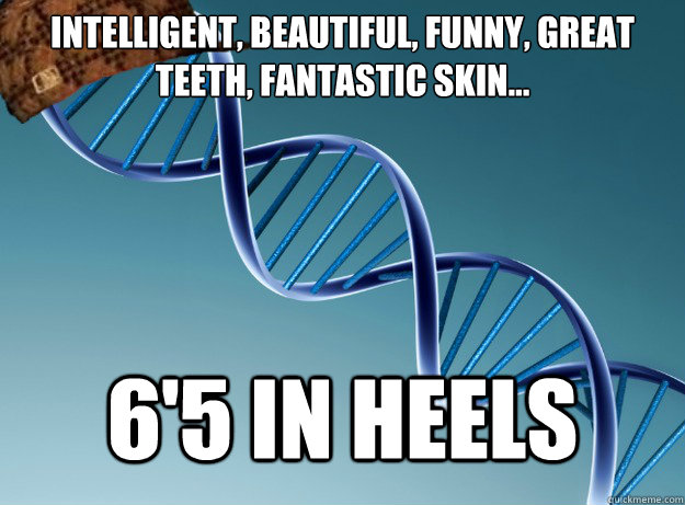 Intelligent, beautiful, funny, great teeth, fantastic skin... 6'5 in heels  Scumbag Genetics