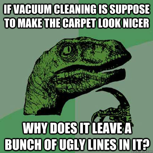 If vacuum cleaning is suppose to make the carpet look nicer why does it leave a bunch of ugly lines in it? - If vacuum cleaning is suppose to make the carpet look nicer why does it leave a bunch of ugly lines in it?  Philosoraptor